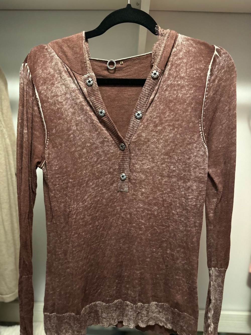 One Girl Who Washed cashmere blend Henley Hoodie Top with lace trim. Like new.